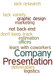 Company Presentation lack research lack variety graphic design marketing not back-end don't keep track estimation offices learn with coworkers deliverables logistics